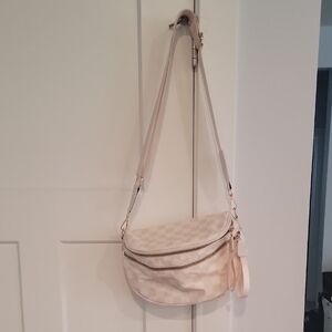 Womans Nylon Bum Bag In Beige And White